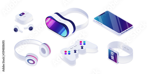 Isometric gadgets set. VR glasses, wired and wireless headphones, smartphone and joystick. Collection for games and entertainment. Cartoon 3D vector illustrations isolated on white background