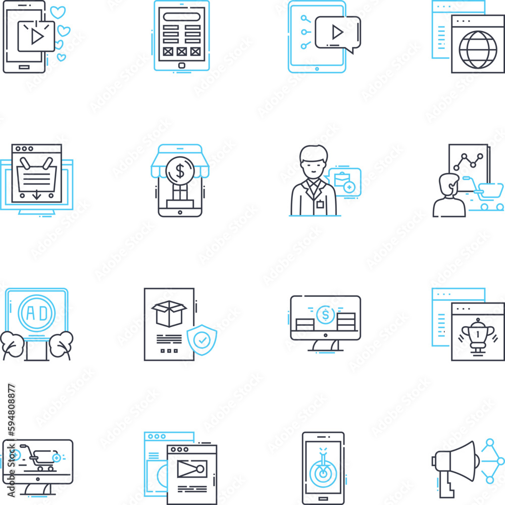Internet marketing linear icons set. SEO, Content, PPC, Branding, Social, Analytics, Strategy line vector and concept signs. E-commerce,Mobile,SEM outline illustrations