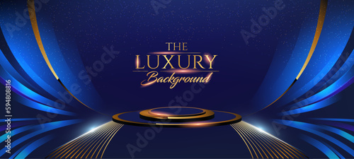 Blue Golden Stage Award Background. Trophy on  Luxury Background. Modern Abstract Design Template. LED Visual Motion Graphics. Wedding Marriage Invitation Poster