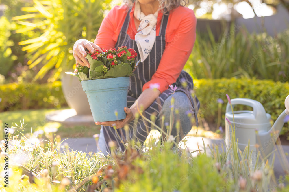 © Wavebreak Media - Midsection of senior caucasian woman planting flowers gardening in sunny garden