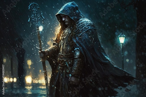 a man dressed in medieval clothing holding a staff in the rain Generative AI