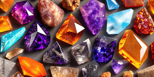 A lot of crystals and gemstones on a dark background. Natural minerals such as agate, amber, amethyst, quartz and others. A scattering of precious stones. Generative AI © Aleksei Solovev
