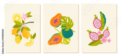 Tropical pattern banners set. Collection of posters for website with exotic fruits for social media. Lemon, papaya and dragon fruit. Cartoon flat vector illustrations isolated on white background