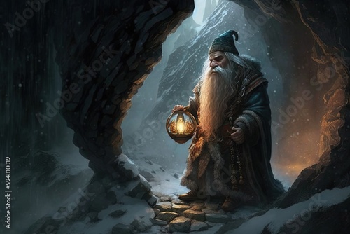 a man with a long beard holding a lantern in a snowy cave Generative AI