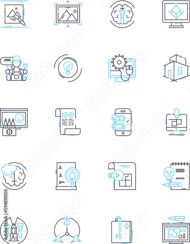 Visual artist linear icons set. Canvas, Brush, Palette, Pigment, Sketch, Composition, Conceptual line vector and concept signs. Expression,Illusion,Innovation outline illustrations