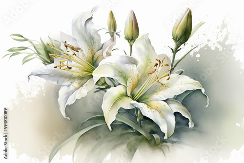 Generative AI. A branch close-up of white Lilly flowers. Watercolor painting illustration, isolated on white background. photo