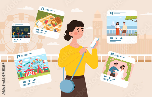 Sharing moments concept. Woman with smartphone on background of buildings publishes interesting content on social networks. Vacation and holiday. Cartoon flat vector illustration