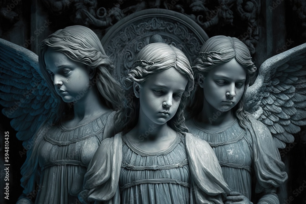 three statues of angels standing next to each other Generative AI
