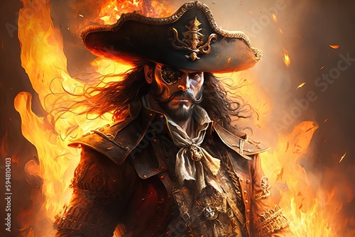 Fotografiet a man in a pirate costume standing in front of a fire Generative AI