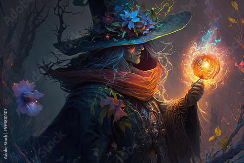 a witch holding a glowing ball in her hand Generative AI