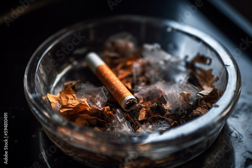 Cigarette in an ashtray with smoke that is coming up. Nicotine tobacco addiction and smoking health hazard. Ai generated
