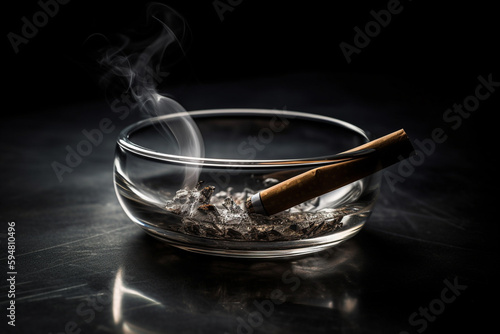 Cigarette in an ashtray with smoke that is coming up. Nicotine tobacco addiction and smoking health hazard. Ai generated