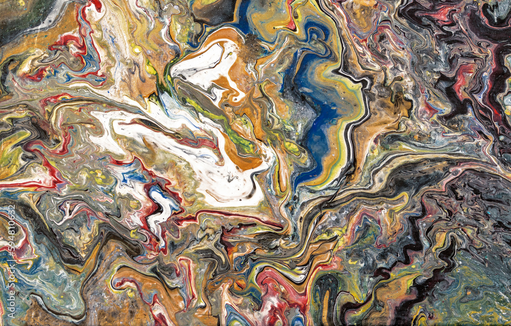 Creative multicolored acrylic paint pouring, fluid art background with abstract painted  waves