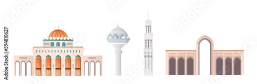 Travel to Oman. Collection of traditional oriental buildings. Architecture and historical building exterior, facade. Muscat city. Cartoon flat vector illustrations isolated on white background