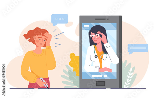 Medical call concept. Woman with temperature calls doctor. Girl with thermometer stands and holds her head. Distance health consultation and care, medical advice. Cartoon flat vector illustration