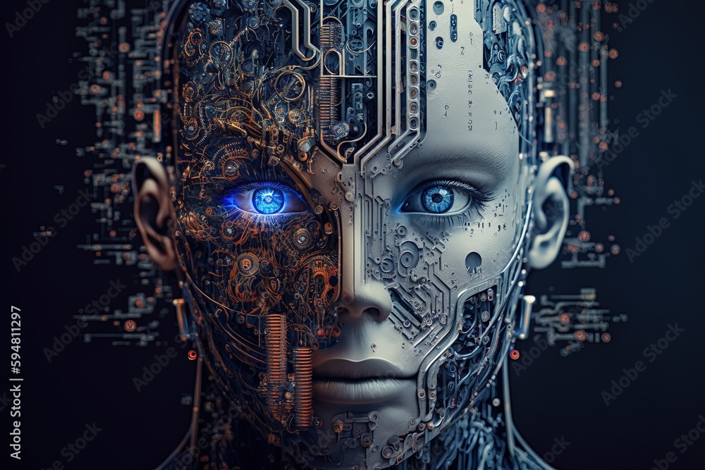 a woman's face with blue eyes and a circuit board in the shape of Generative AI