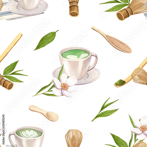 Watercolor seamless pattern matcha tea and cup. Hand-drawn illustration isolated on white background. Perfect concept for cafe, restaurant, menu Japanese tea ceremony