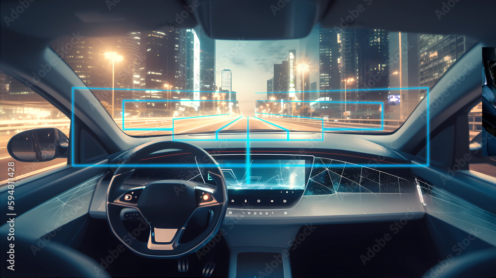 Self-driving autonomous car is driving on busy highway road in the city ...