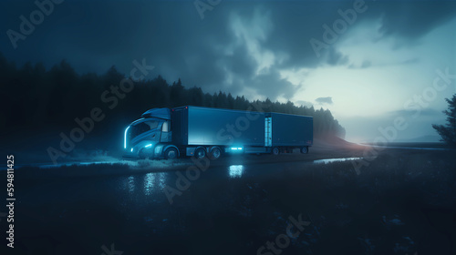 Futuristic electric Truck with trailer rides on the road in a rural region. Transport Concept of the Future. Eco-friendly traffic. Sustainable Development Goals (SDG). generative AI.