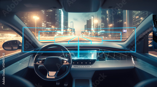 Self-driving autonomous car is driving on busy highway road in the city. Cockpit view. Concept of self driving mobility, machine learning, artificial intelligence and augmented reality. AI generated