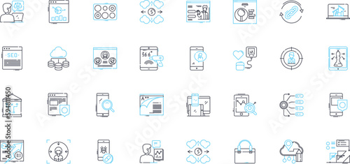 Digital marketing linear icons set. SEO, SEM, Content, Analytics, Social, Mobile, Email line vector and concept signs. Strategy,Optimization,PPC outline illustrations