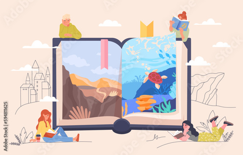 Book festival concept. Man and women read fiction. Love of reading and useful hobbies. Rest and leisure, students having fun. Fantasy and imagination. Cartoon flat vector illustration