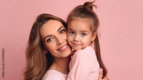 Happy Mother's Day Close-Up Portrait of Mother and Daughter Child Hugging with Beaming Smiles on Pinc Studio Background