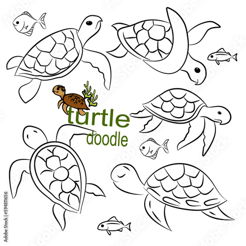 Hand drawn vector illustration. Set character design of cute turtle doodle style.