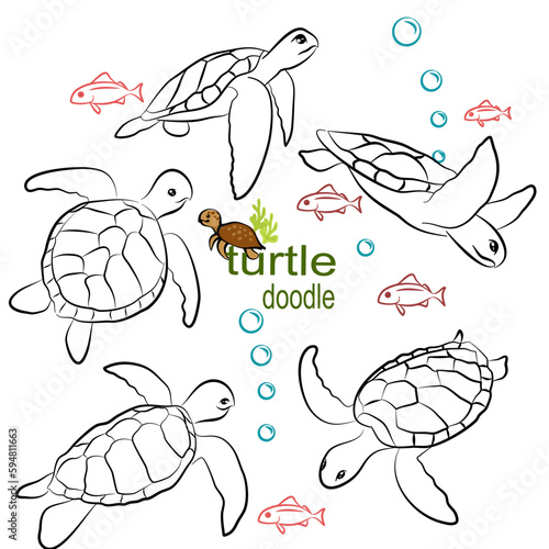 Hand drawn vector illustration. Set character design of cute turtle doodle style.