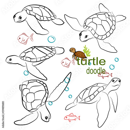 Hand drawn vector illustration. Set character design of cute turtle doodle style.