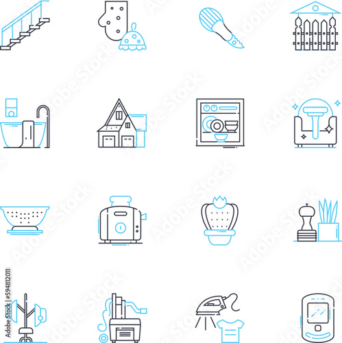 Home beautification linear icons set. Decor, Style, Comfort, Elegance, Chic, Sophisticated, Warmth line vector and concept signs. Serenity,Zen,Whimsy outline illustrations