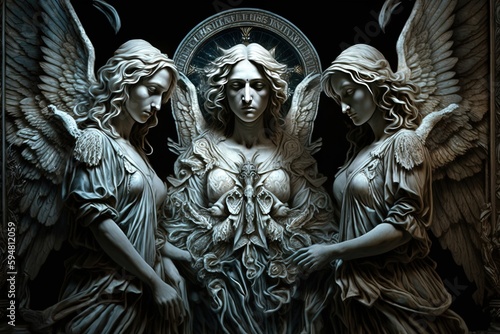 three angels standing next to each other in front of a black background Generative AI photo