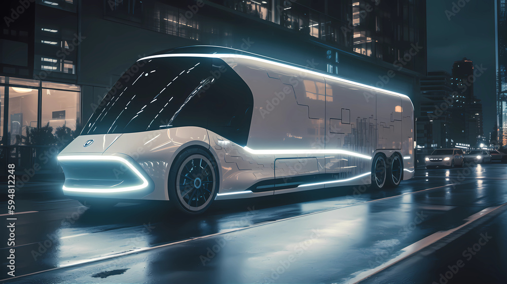 Future of urban autonomous mobility city bus. Public transport concept. Autonomous electric bus self driving on street in urban city. generative AI Future of urban autonomous mobility city bus. Public transport concept. Autonomous electric bus self driving on street in urban city. generative AI