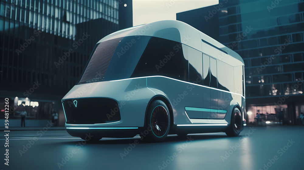 Futuristic electric Truck rides on the road. Transport Concept of the Future. Eco-friendly traffic. Sustainable Development Goals (SDG) and clean environment. generative AI.