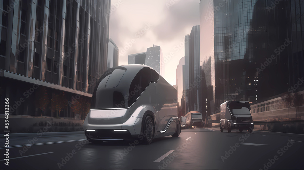 Future electric Camper, Van or Motorhome in a urban city. Sustainable futuristic concept for travel, camping and glamping, generative AI