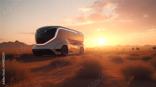 Future electric Camper, Van or Motorhome in a rural region. Sustainable futuristic concept for travel, camping and glamping, generative AI
