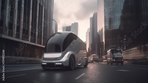 Future electric Camper, Van or Motorhome in a urban city. Sustainable futuristic concept for travel, camping and glamping, generative AI