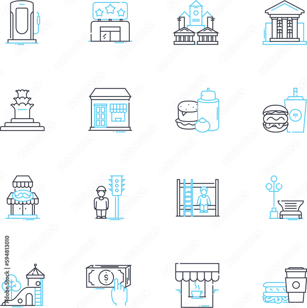 Village linear icons set. Community, Rural, Nostalgia, Peaceful, Traditional, Close-knit, Serene line vector and concept signs. Countryside,Agricultural,Charm outline illustrations