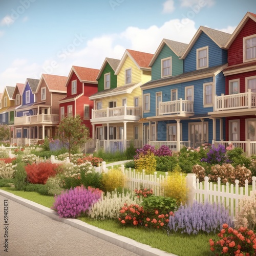 neighborhood with row houses and flower, colorful, town ai, ai generative, illustration