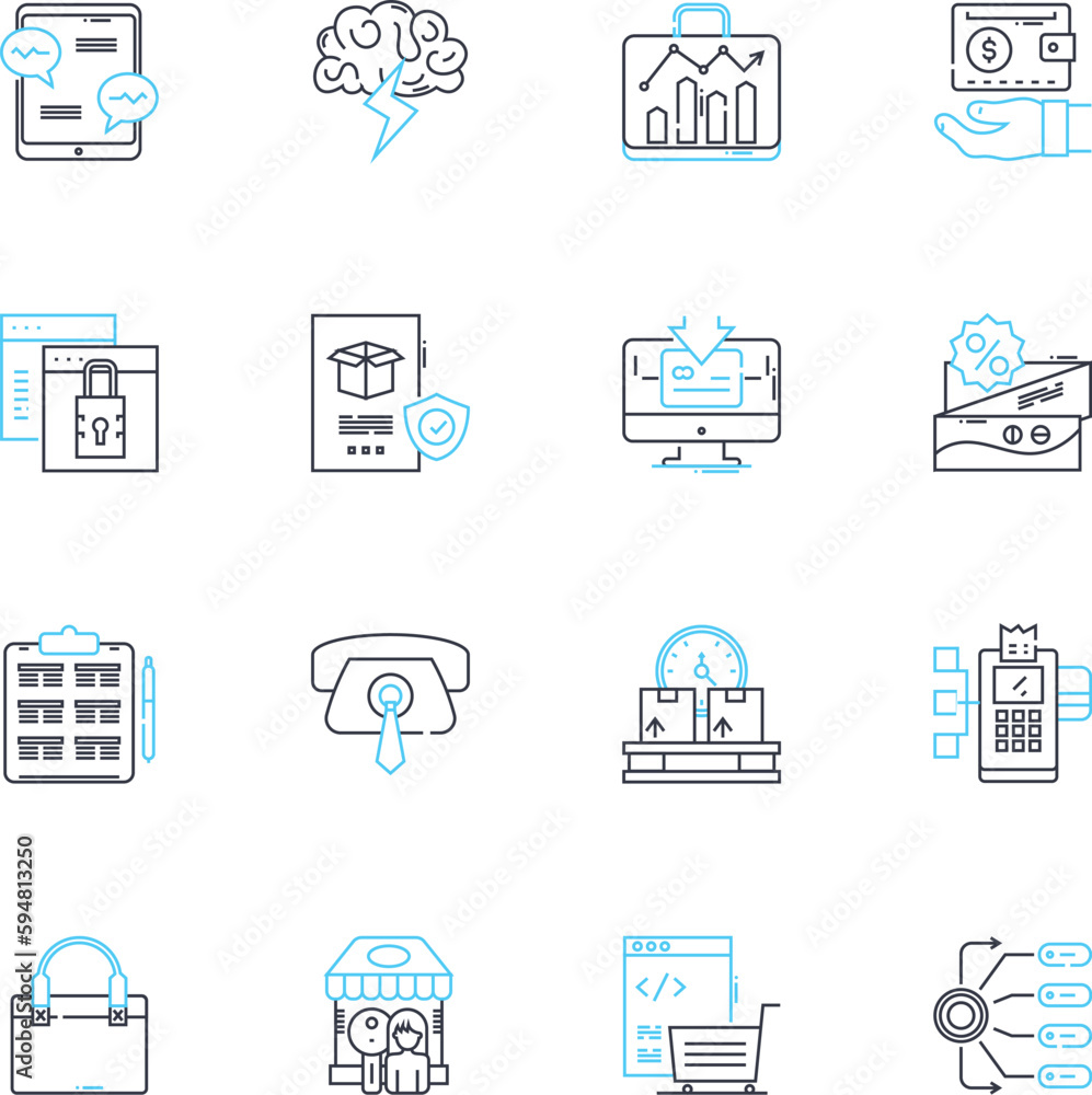 Online selling linear icons set. E-commerce, Marketplace, Digital, Online, Web-based, Shopping, Retail line vector and concept signs. Sales,Internet,Cyber outline illustrations