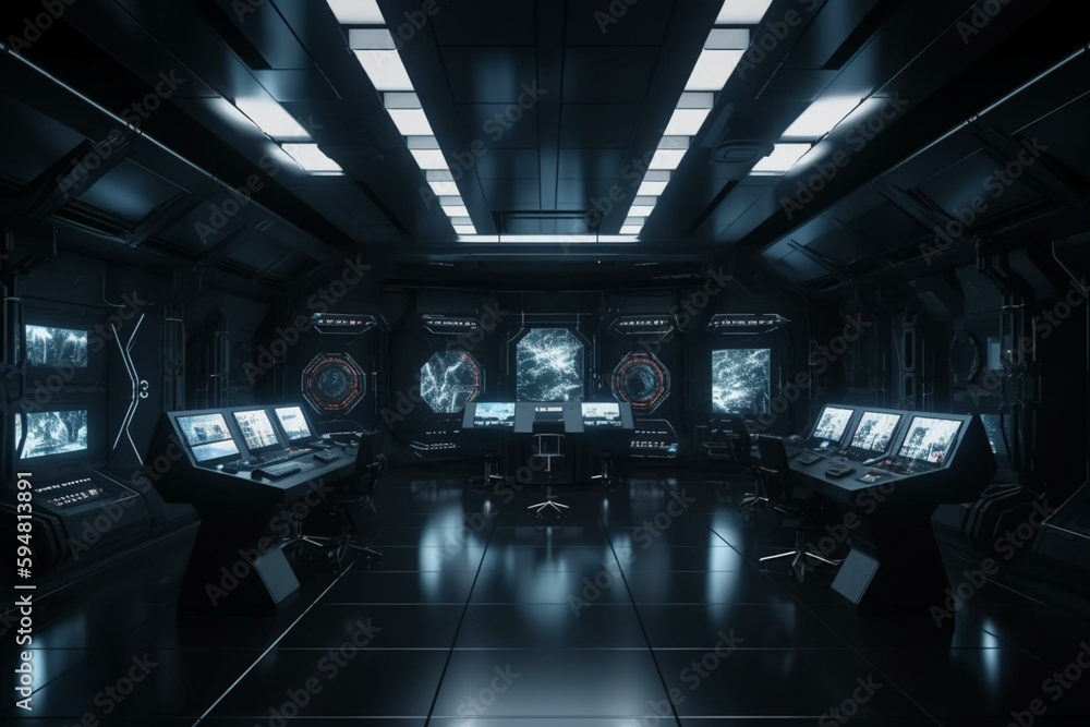 A science fiction control room with lighting in dark scene 3D rendering sci-fi interior wallpaper backgrounds. Generative AI