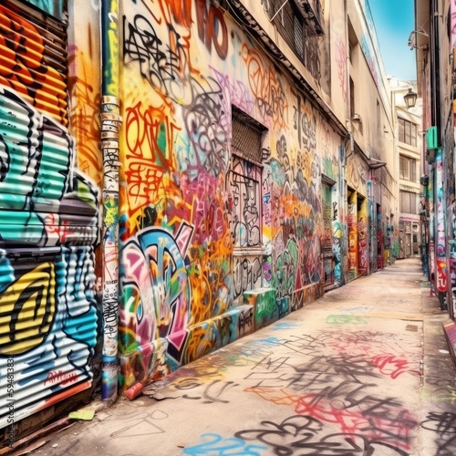 colorful urban street with street art and graffiti draw on the walls ai, ai generative, illustration