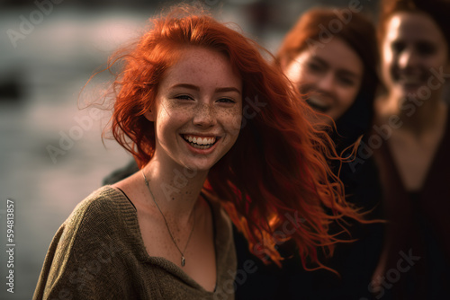 Fiery Temptress: Close-Up Shot of a Woman with Red Hair in Focus. Generative AI
