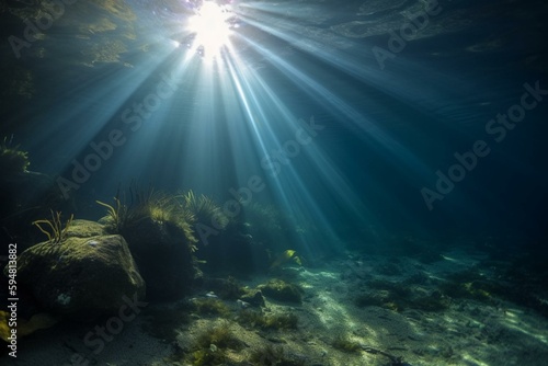underwater light - view with sunbeam. Generative AI