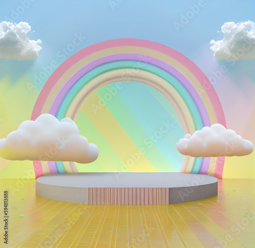 Cute podium for kids product presentation illustration, geometric display scene, minimal show stage for choldren advert, pastel color platform background with rainbow, generative ai photo