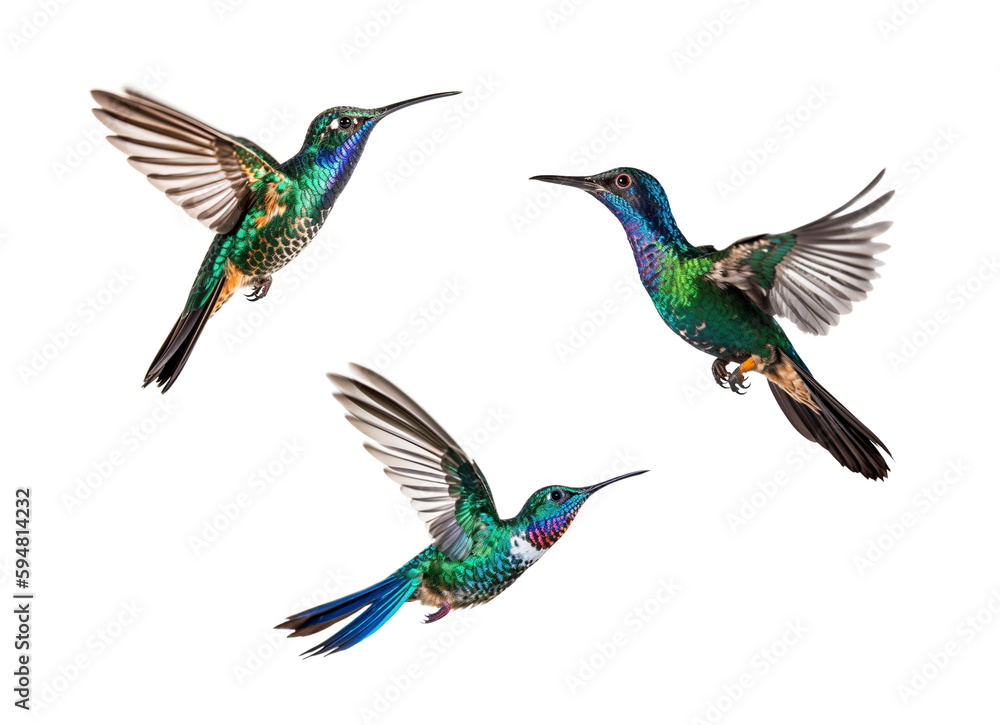 Fototapeta premium Three Broad Billed Cynanthus Latirostris Hummingbird In Flight Set Isolated on a White Background - Generative AI.