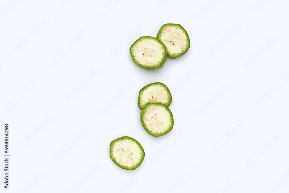 Raw banana slices on white background. Raw banana slices on white background.