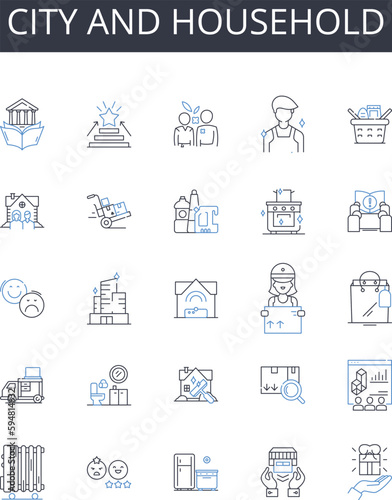 City and household line icons collection. ity, Metropolis, Urban center, Megalopolis, Municipality, Capital, Town vector and linear illustration. Village,Burg,Community outline signs set