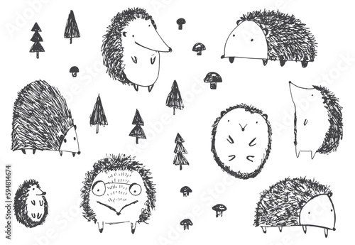 Set of cute vector sketch black hedgehogs, trees, mushrooms. Childish hand drawn ink forest animals for kids print design, textile, posters, print, stickers, logo