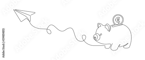 Piggy bank with paper plane in one continuous line drawing. Startup business idea concept in simple linear style. Editable stroke. Doodle vector illustration